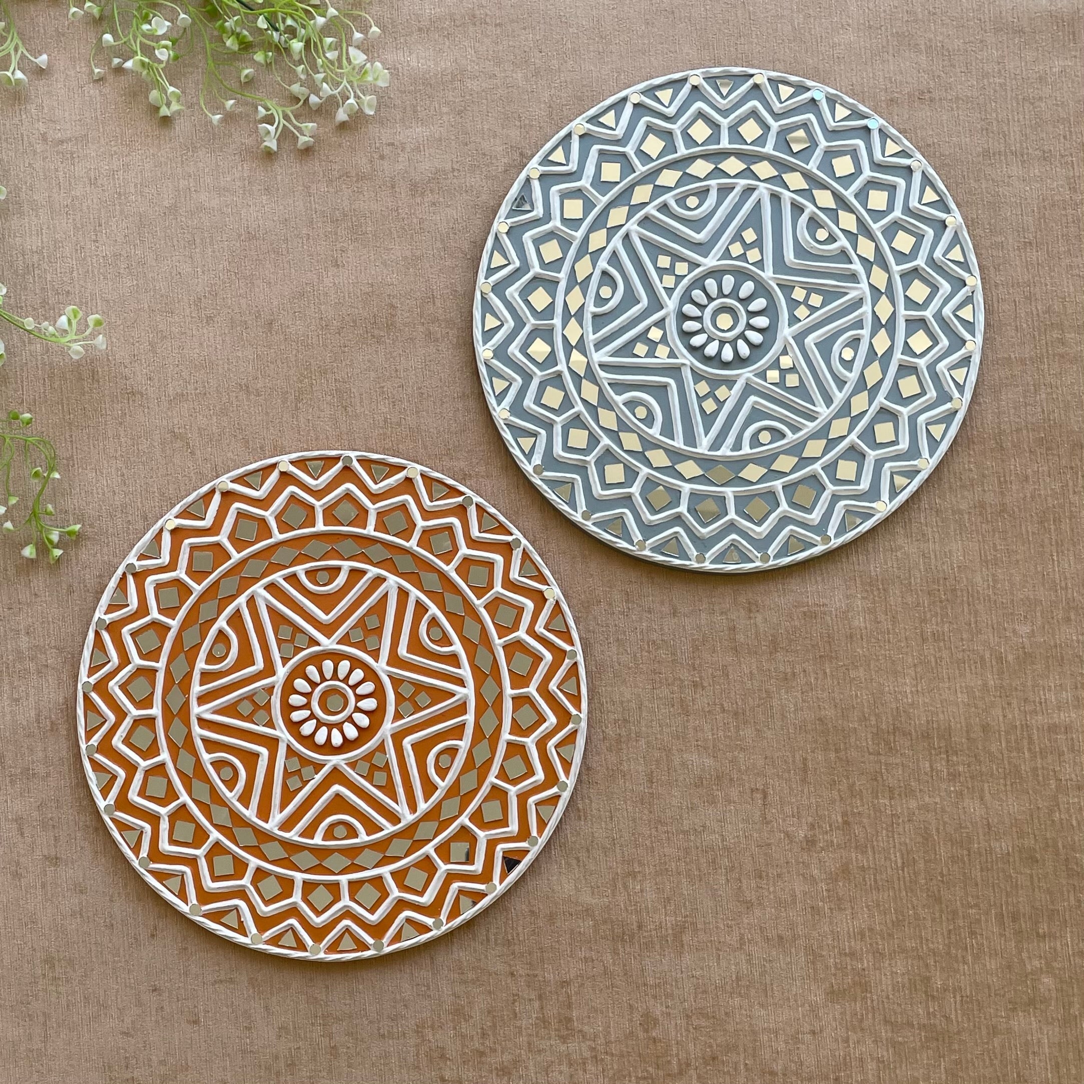 12 Inches Yellow & Bluish Grey Lippan Art (Set of 2) Wall Hanging - Mirror Wall Decor