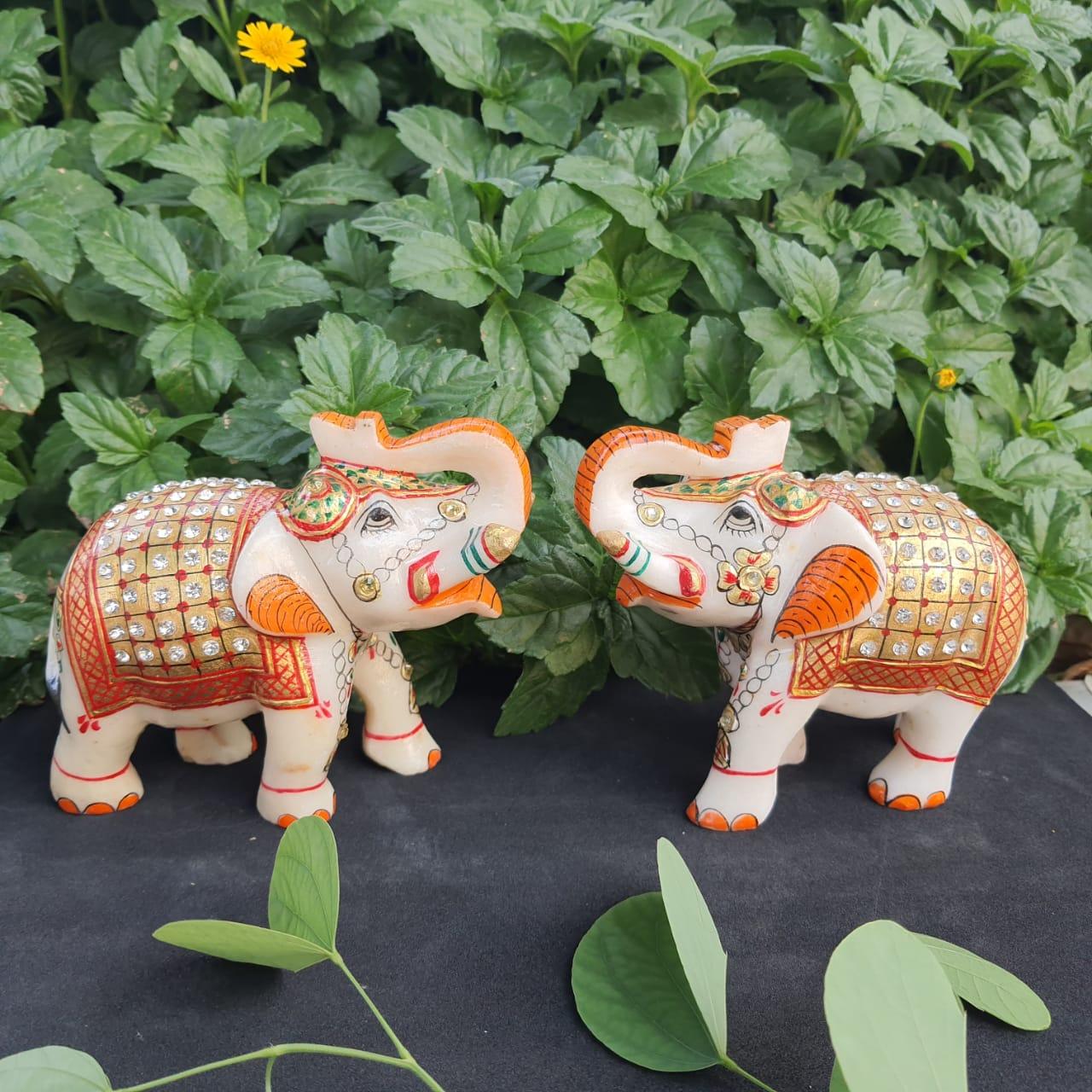 4 Inches Handcrafted Marble Elephant (set of 2) - Meenakari Stonework - Table Animal Decor