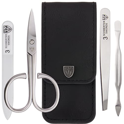 3 Swords Germany - brand quality 3 piece stainless steel INOX manicure pedicure grooming kit set for professional finger & toe nail care scissors file tweezers genuine leather case in gift box (03881)