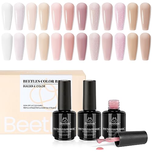 Beetles 12 Pcs Nude Pink Translucent Rubber Base and Builder Color Gel, Porcelain Doll Pink Nail Polish Neutral Sheer Colors Strengthener Soak Off U V Nail Art DIY Gift for Women