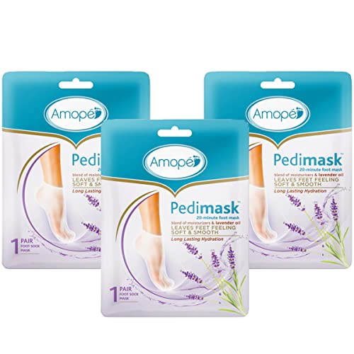 Amopé PediMask 20-Minute Foot Mask, Intensely Moisturizing Socks, Rejuvenates & Soothes, Self-Care, w/ Lavender Oil, Urea, a Blend of Moisturizers & Vitamin Complex for Long Lasting Hydration, 3 pair