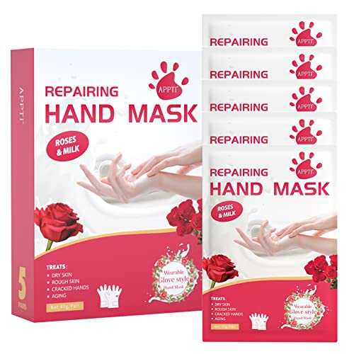 APPTI Hand Mask,5 Pairs Repairing Hand Peel Mask with Rose & Milk, Moisturizing Hand Mask for Repair Dry Skin, Rough Skin, Cracked Hands, Aging, for Women men