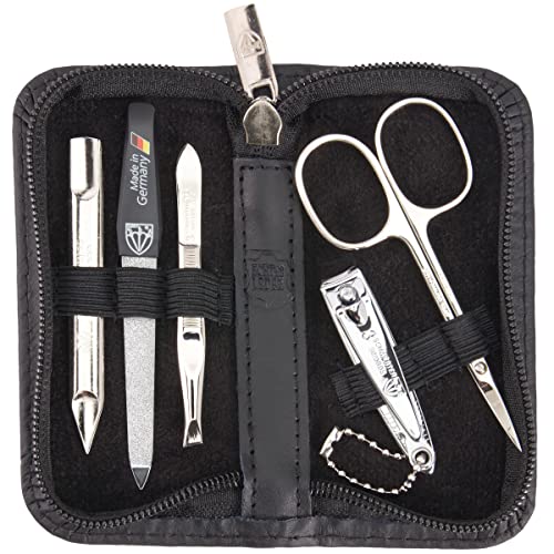 3 Swords Germany - brand quality 5 piece manicure pedicure grooming kit set for professional finger & toe nail care scissors clipper genuine leather case in gift box, Made in Solingen Germany (12108)