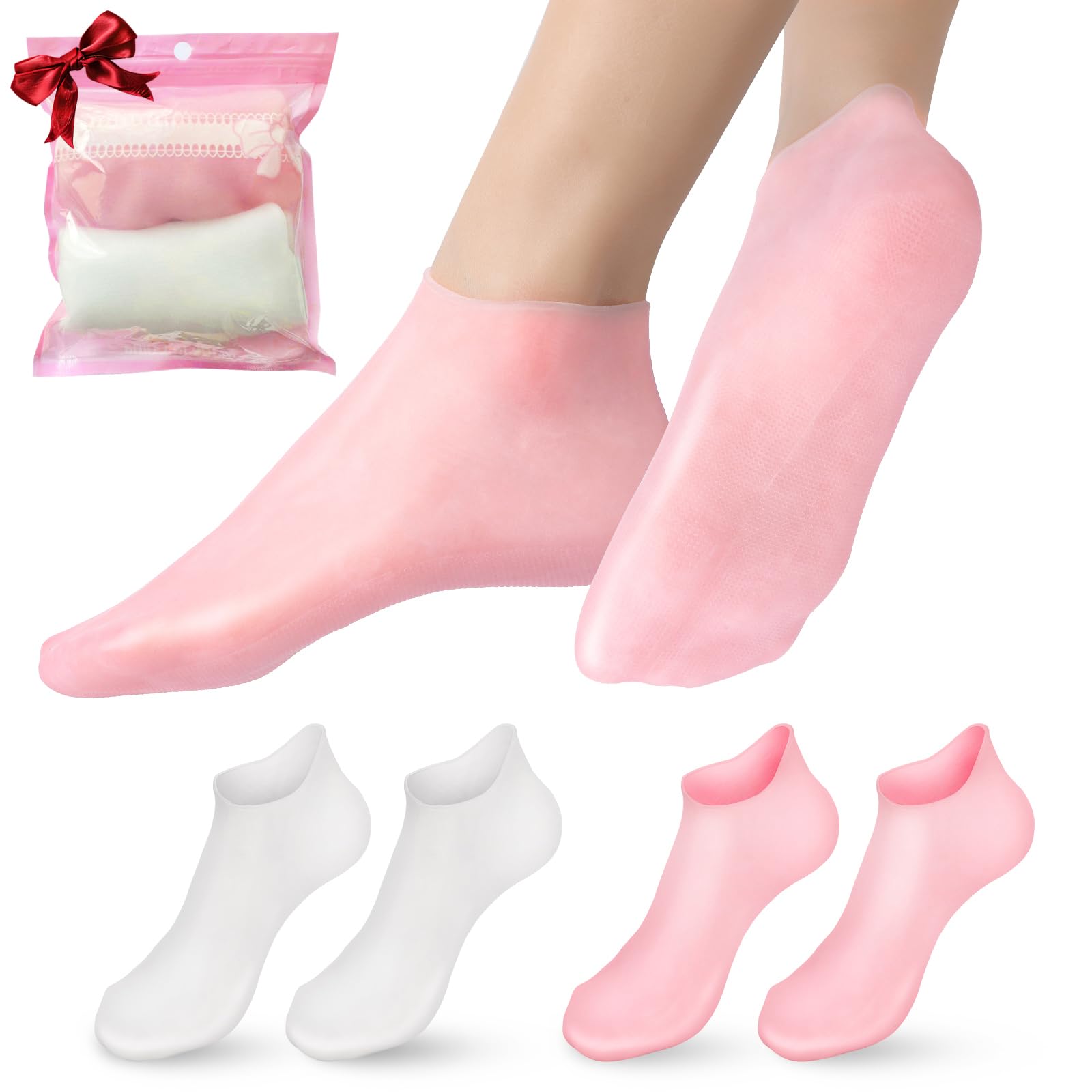Aluroice 2 Pairs Silicone Moisturizing Socks for Dry Cracked Feet Women, Soft Gel Pedicure Foot Spa Aloe Socks, Anti-Slip Moisturizer Socks for Dry Cracked Feet Overnight Foot Care Pink&White