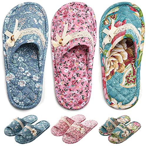 3 Pairs Floral Cotton House Slippers for Women, Open Toe Indoor Slippers Comfortable Washable Portable Foldable Guest Travel Hotel Airplane Spa Slippers
