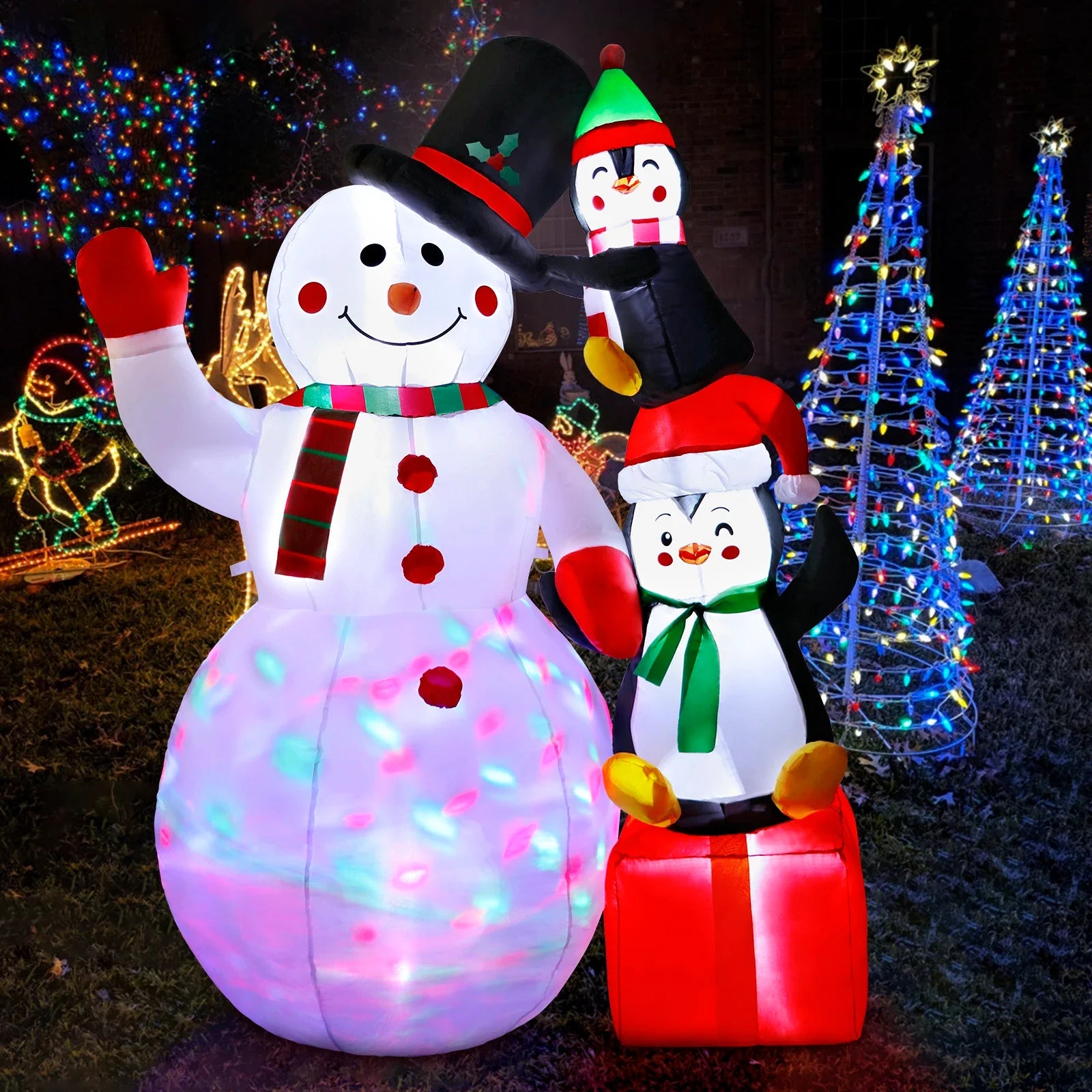 6ft Charming Inflatable Snowman Penguins for Christmas - Festive Yard Decor with Colorful Rotating LED Lights - Outdoor Holiday Display ShopOnlyDeal