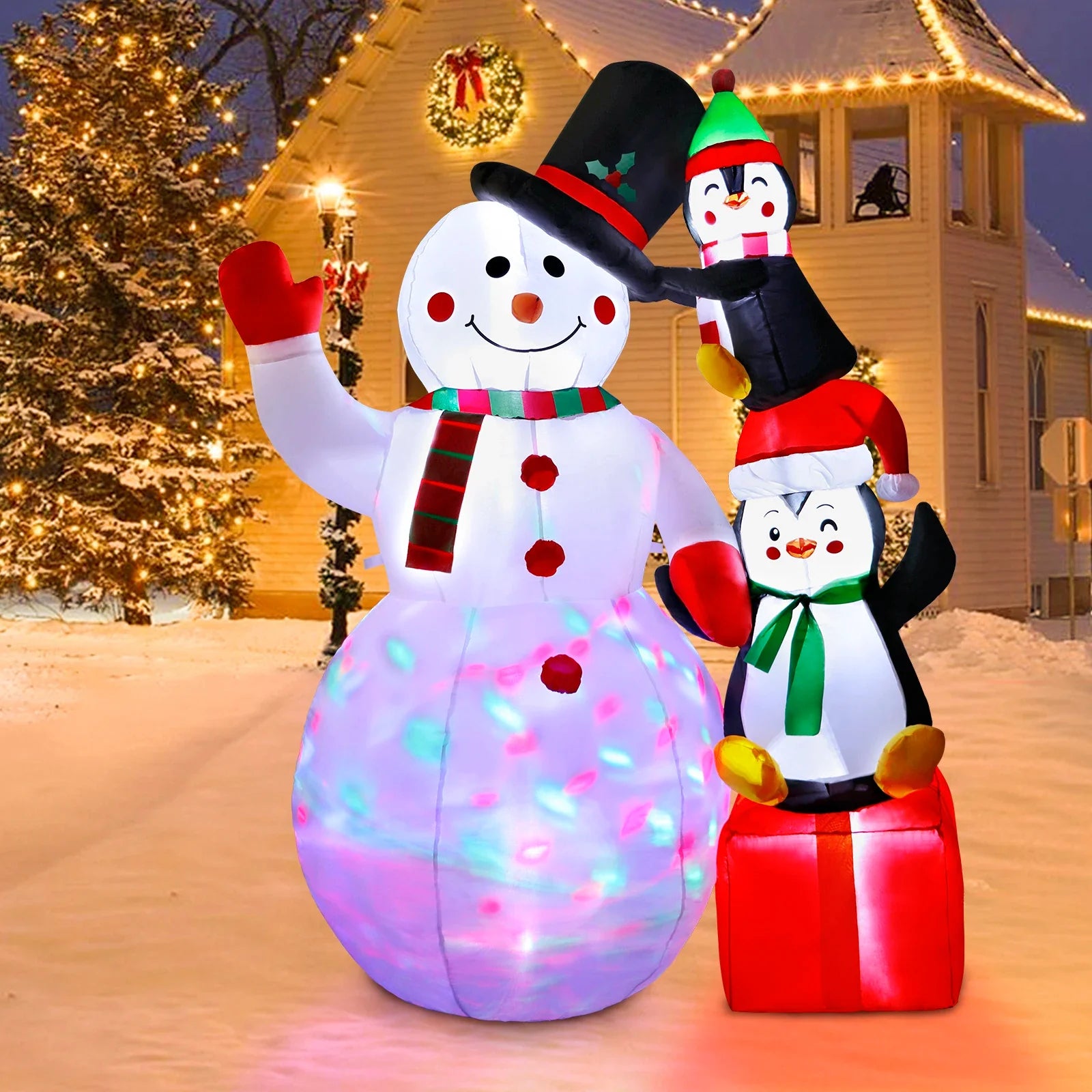 6ft Charming Inflatable Snowman Penguins for Christmas - Festive Yard Decor with Colorful Rotating LED Lights - Outdoor Holiday Display ShopOnlyDeal