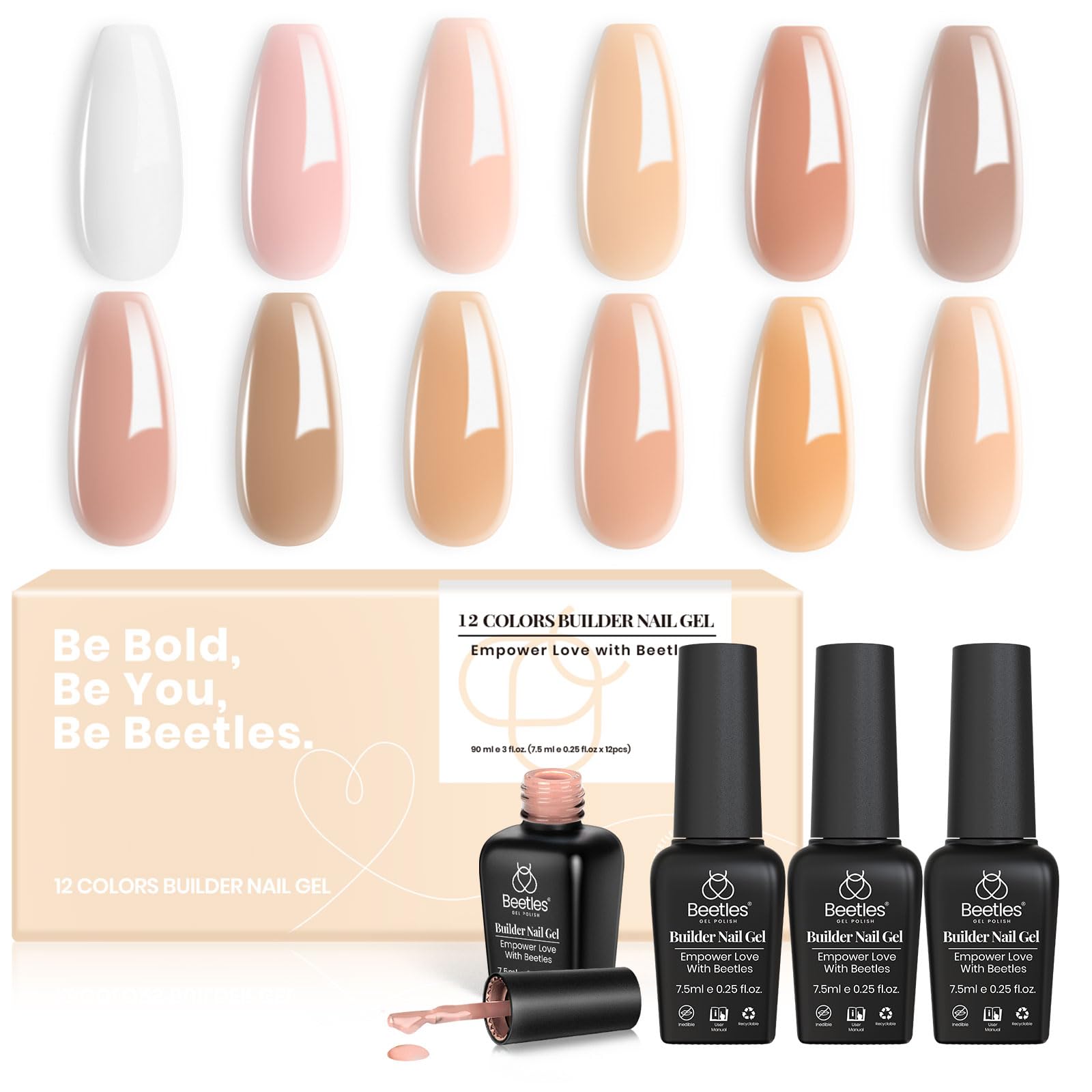 Beetles 12 Colors Builder Nail Gel Set, 5 in 1 Milky White Pink Nude Neutral Jelly Gel Extension Gel Strengthener Gel Cover Gel Hard Gel Apex Builder UV Nail Gel Gift for Women