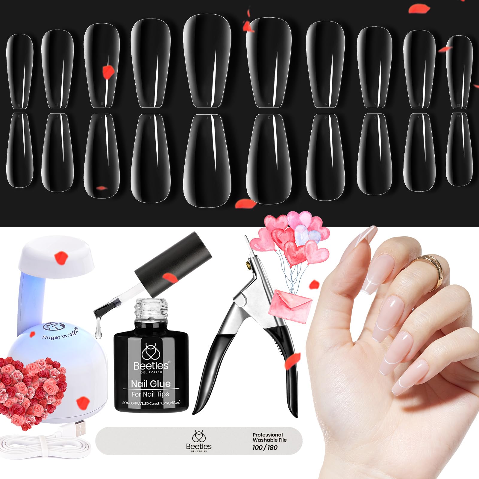 Beetles Gel Nail Kit Easy Nail Extension Set 5 In 1 Nail Glue Gel Base Coat with Pre shaped Medium Coffin Soft Gel Nail Tips and Led Nail Lamp Acrylic Nail Clipper Nail Art Design Beetles Vday Gifts