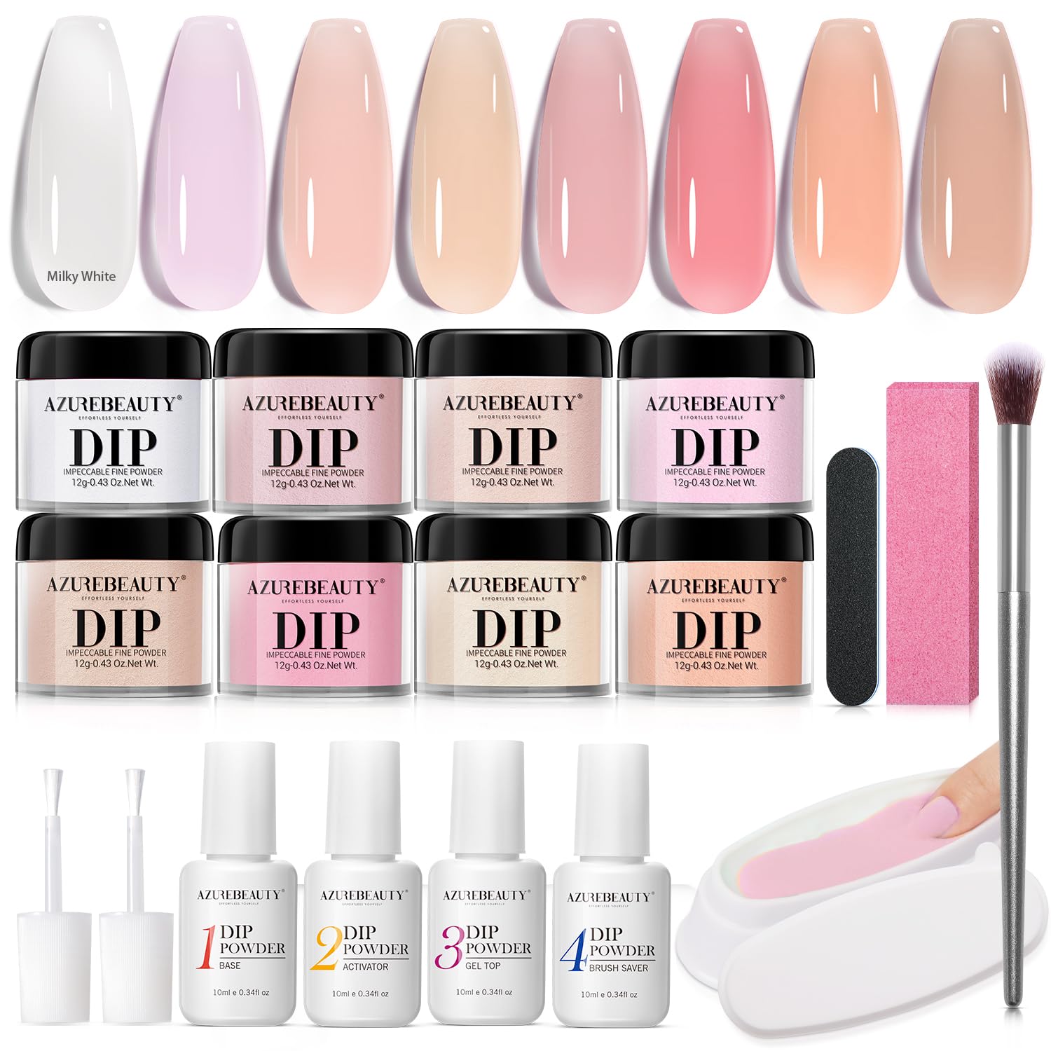 AZUREBEAUTY Dip Powder Nail Kit Starter 8 Translucent Nude White Pink Sheer Neutral Colors, Semi-transparent Natural Clear Dipping Powder Milky Jelly Effect French Nail Art Manicure Salon DIY at Home