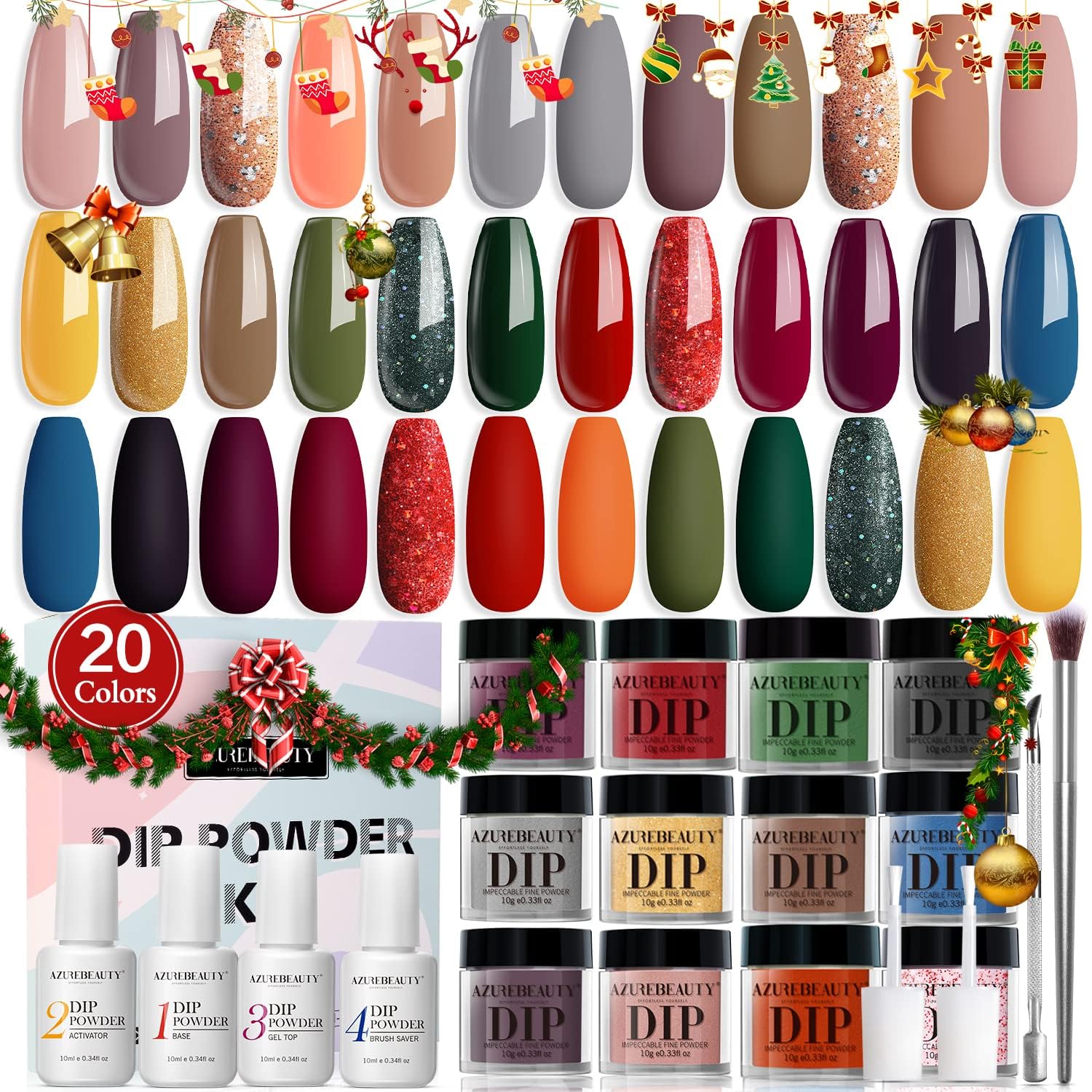 AZUREBEAUTY 20 Colors Dip Powder Nail Kit Starter - All Seasons Series, Fall Autumn Gold Yellow Green Colors Dipping Powder Liquid Set with Base/Top Coat for Nails Art Manicure Gift Beginner DIY Salon