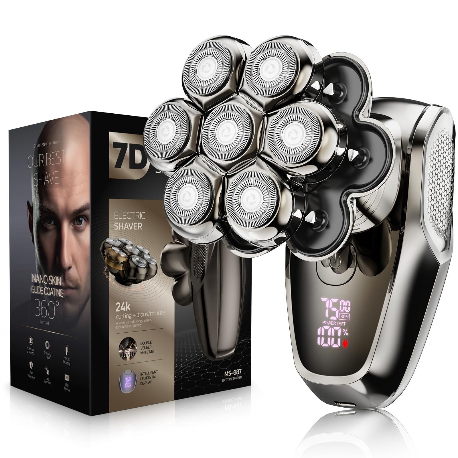 7D Head Shavers for Bald Men, SHPAVVER Detachable Head Shaver LED Display Dry/Wet Bald Head Shavers for Men, IPX7 Waterproof Head Shavers for Men with Type-C Charge