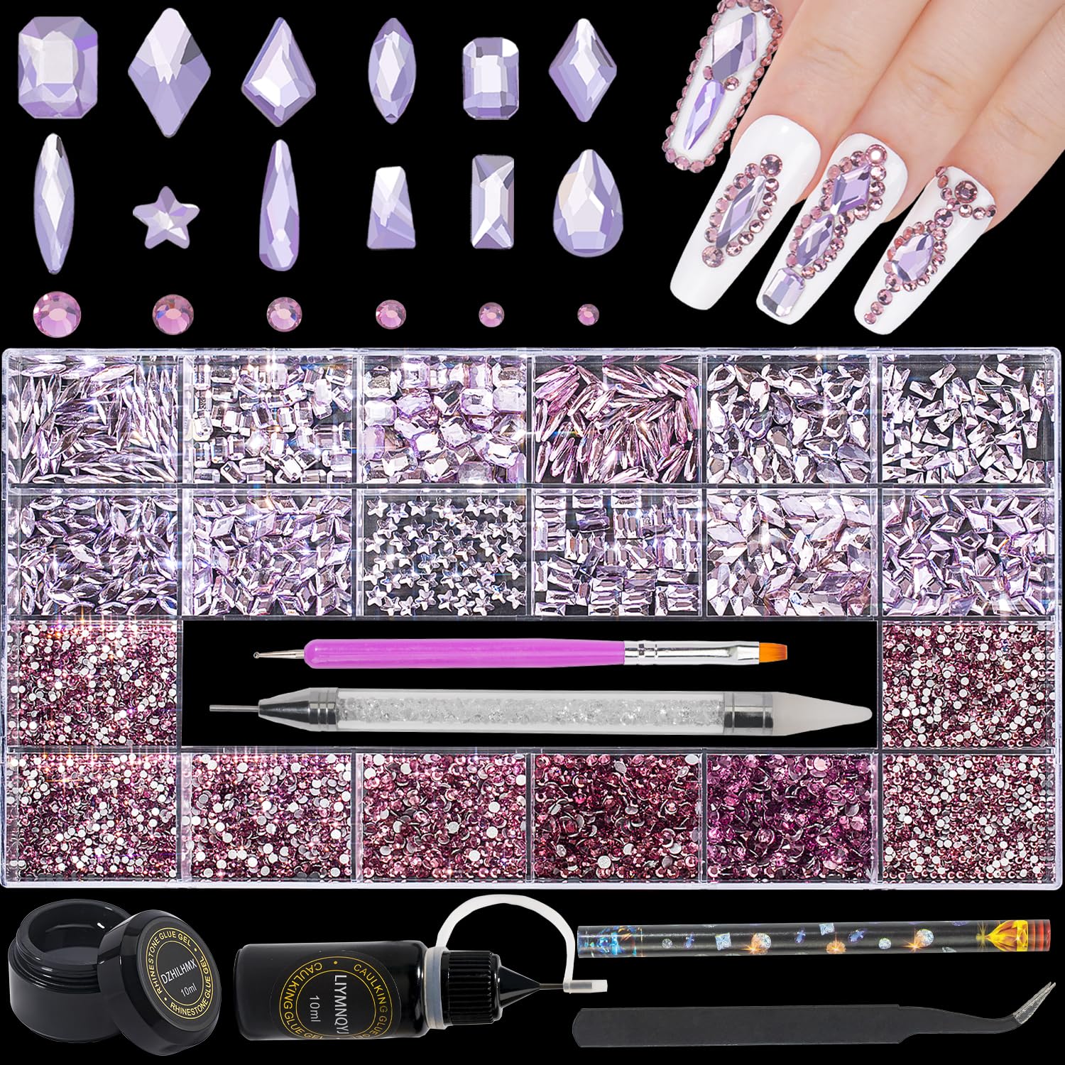 4300Pcs Crystal Nail Rhinestones Kit,Crystal Pink Glass AB Rhinestone Multi Shape Beads Flatback Glass Gems Stones with Nail Glue and Gel,pen brush tweezers and pickup brush for natural acrylic nails