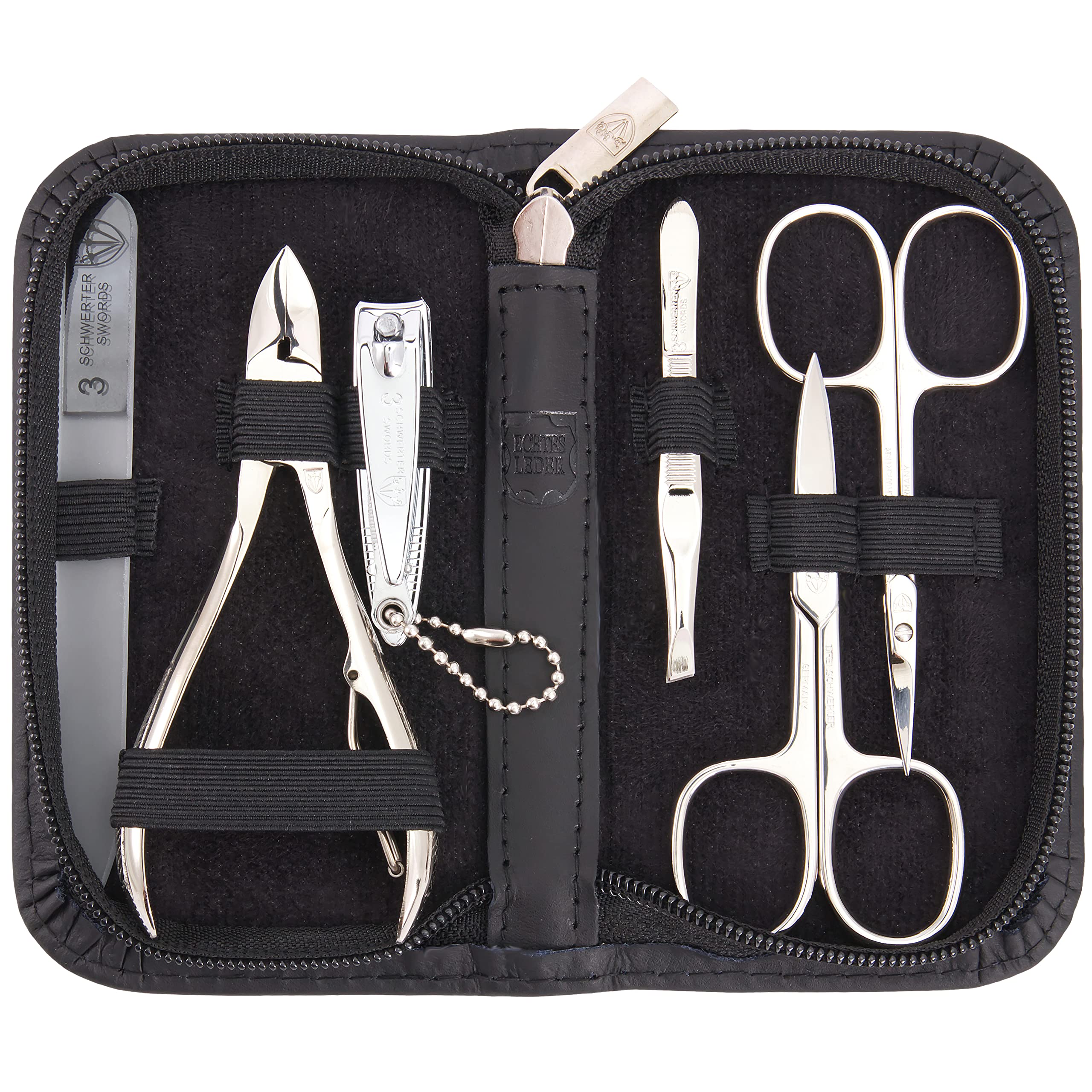 3 Swords Germany - brand quality 6 piece manicure pedicure grooming kit set for professional finger & toe nail care scissors clipper genuine leather case in gift box, Made in Solingen Germany (02259)