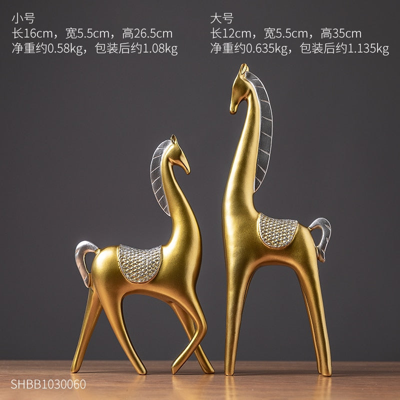 2 Piece - Luxury Golden Horse and ELK Figurines: Resin Animal Sculpture for Elegant Home Decor