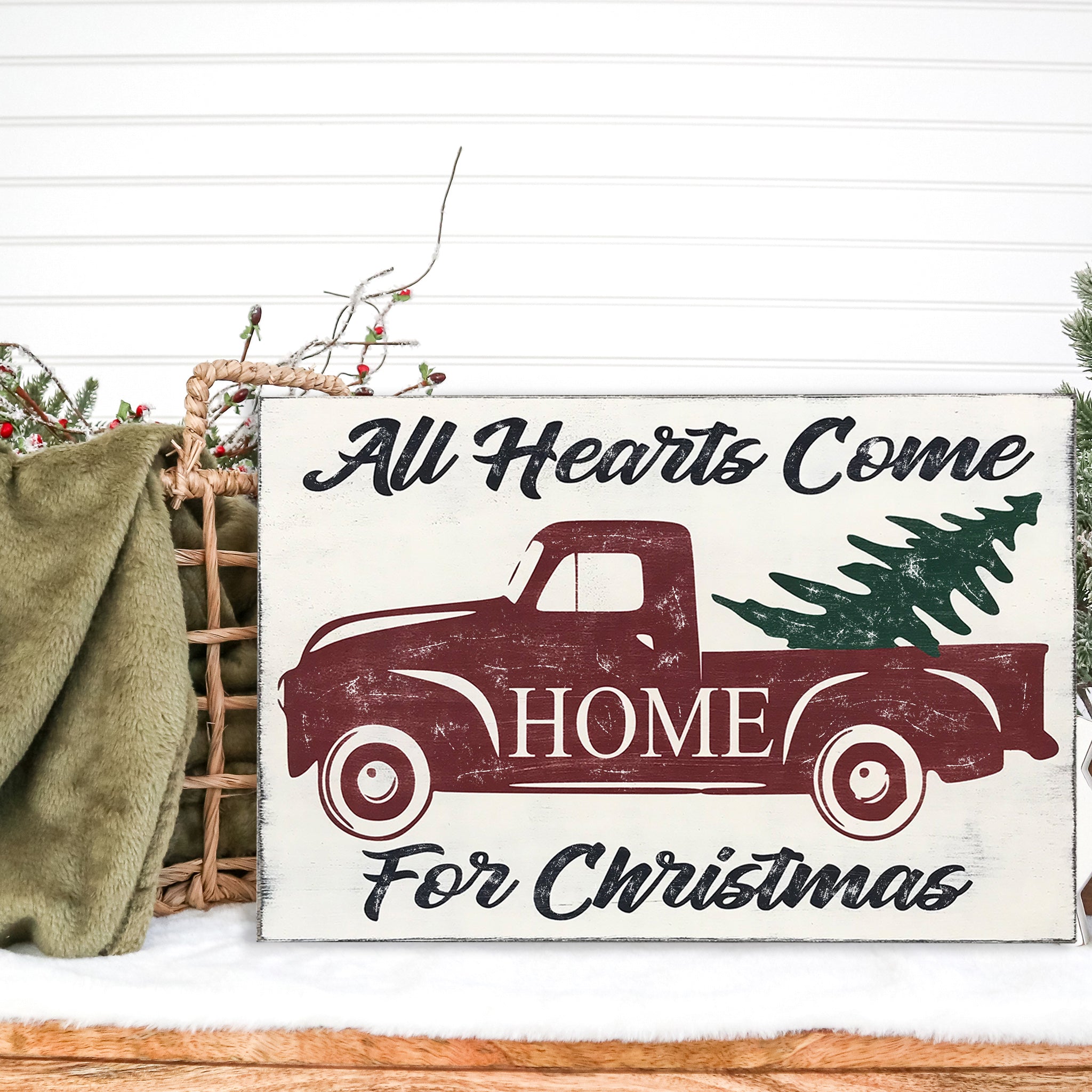 All Hearts Come Home For Christmas Vintage Truck Sign Farmhouse