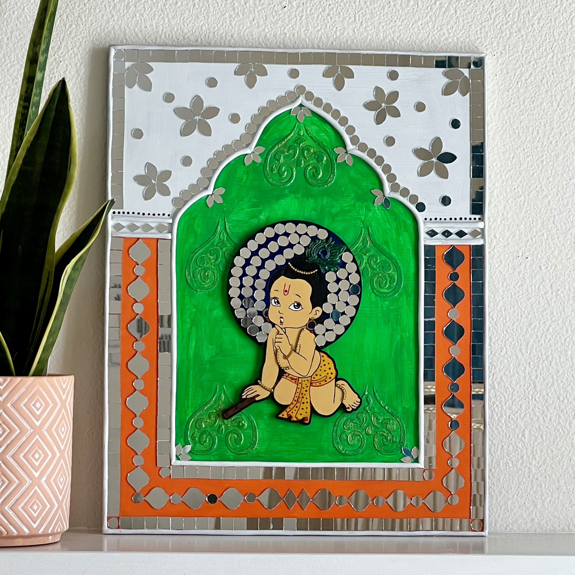 14 Inches Baby Krishna Lippan Art Wall Hanging - Clay Mirror Wall Decor
